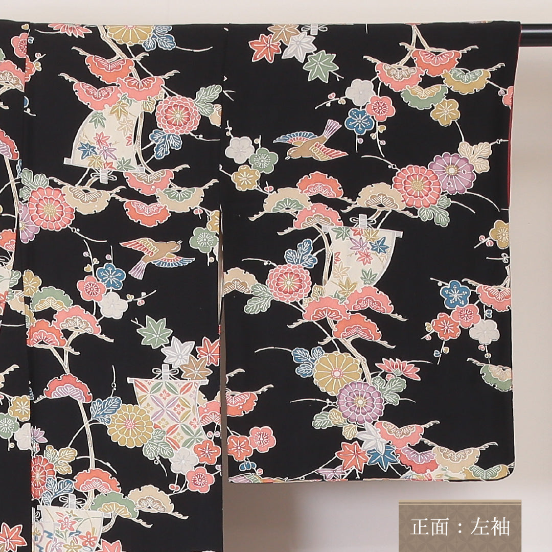 小紋 袷 身丈152cm 裄丈62cm 正絹 Aランク インフォーマル 広衿 Sサイズ 花鳥文 黒系 RP 1221-02142