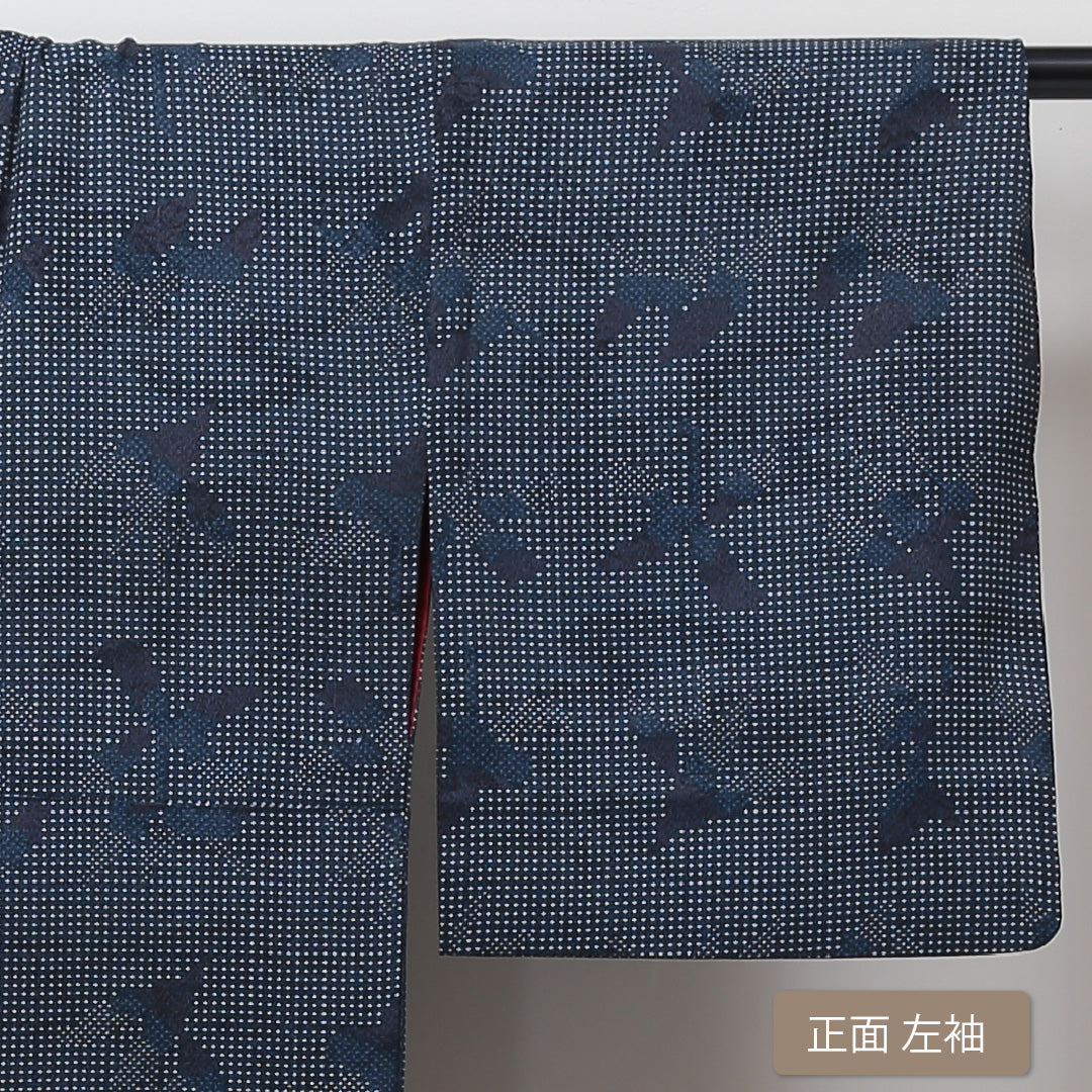 洗える着物 小紋 袷 身丈147cm 裄丈60cm ポリエステル Sランク インフォーマル バチ衿 XSサイズ 幾何学柄 紺系 RP 1221-01320