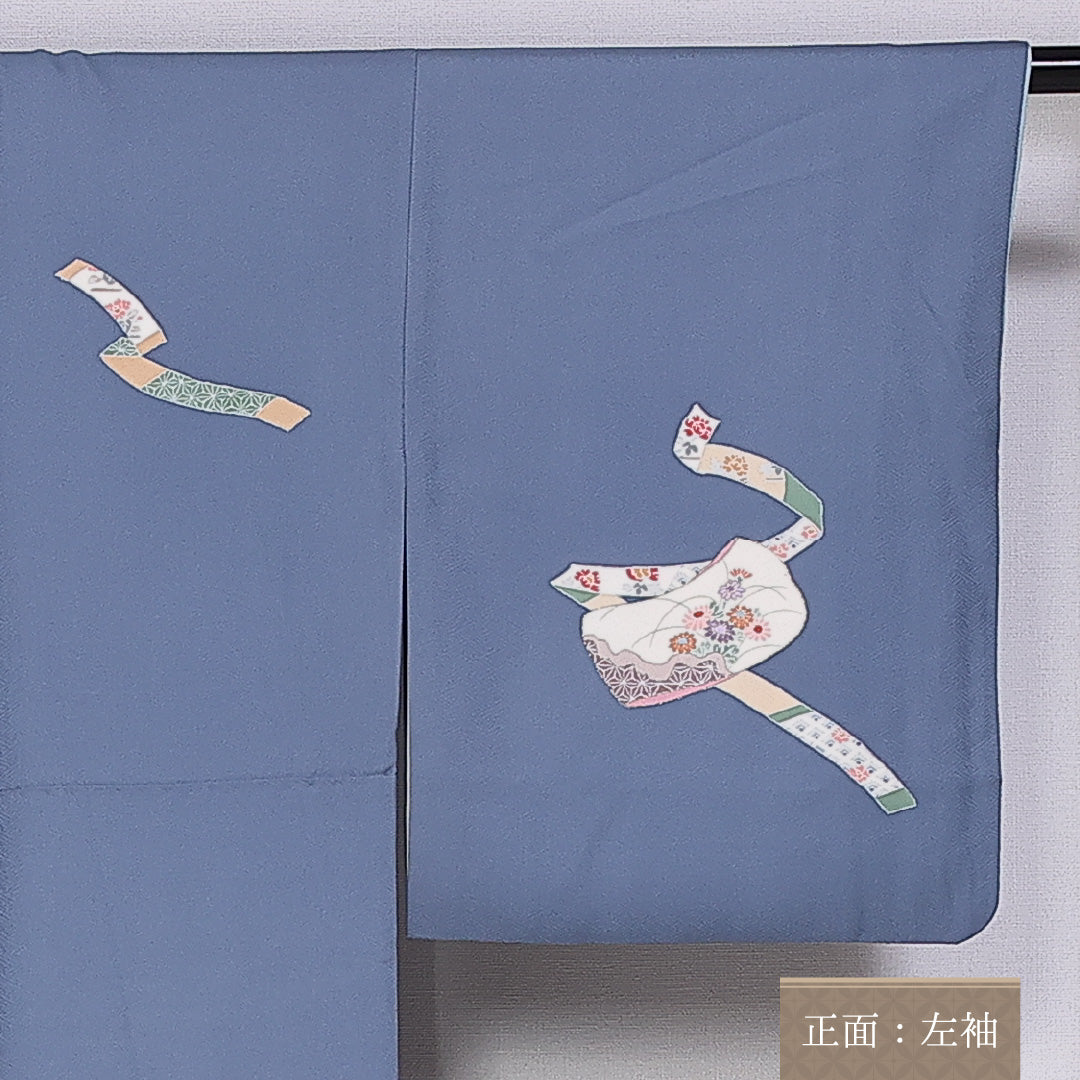 訪問着 袷 身丈154cm 裄丈62cm 正絹 Sランク 紋意匠 (紗綾型) セミフォーマル 広衿 Sサイズ 泰明 落款 几帳 菊 青系 RP 1217-10140