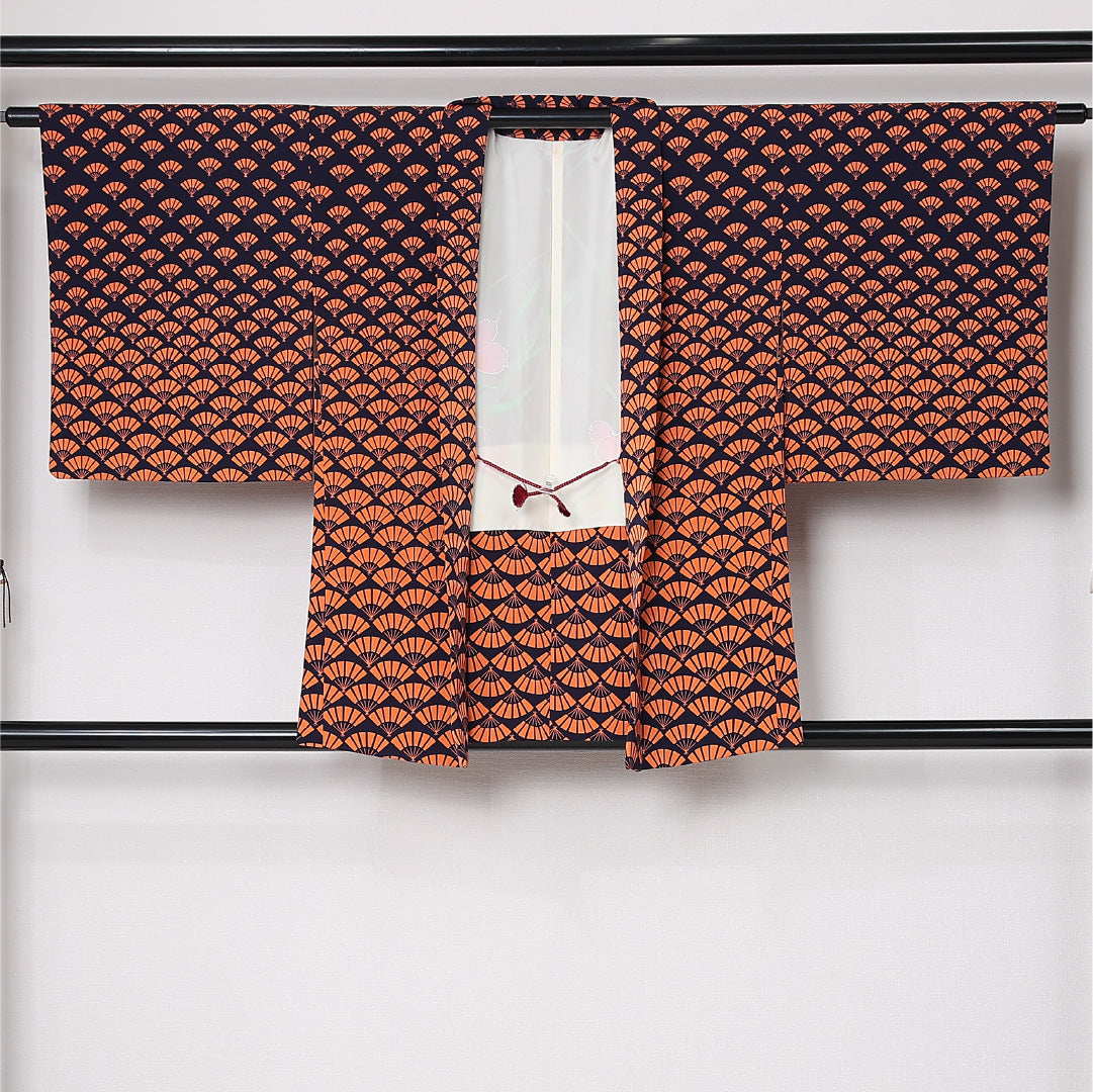 羽織 袷 身丈80cm 裄丈65cm 正絹 Aランク カジュアル Mサイズ 紐あり 扇 紺系 HP 1232-12723