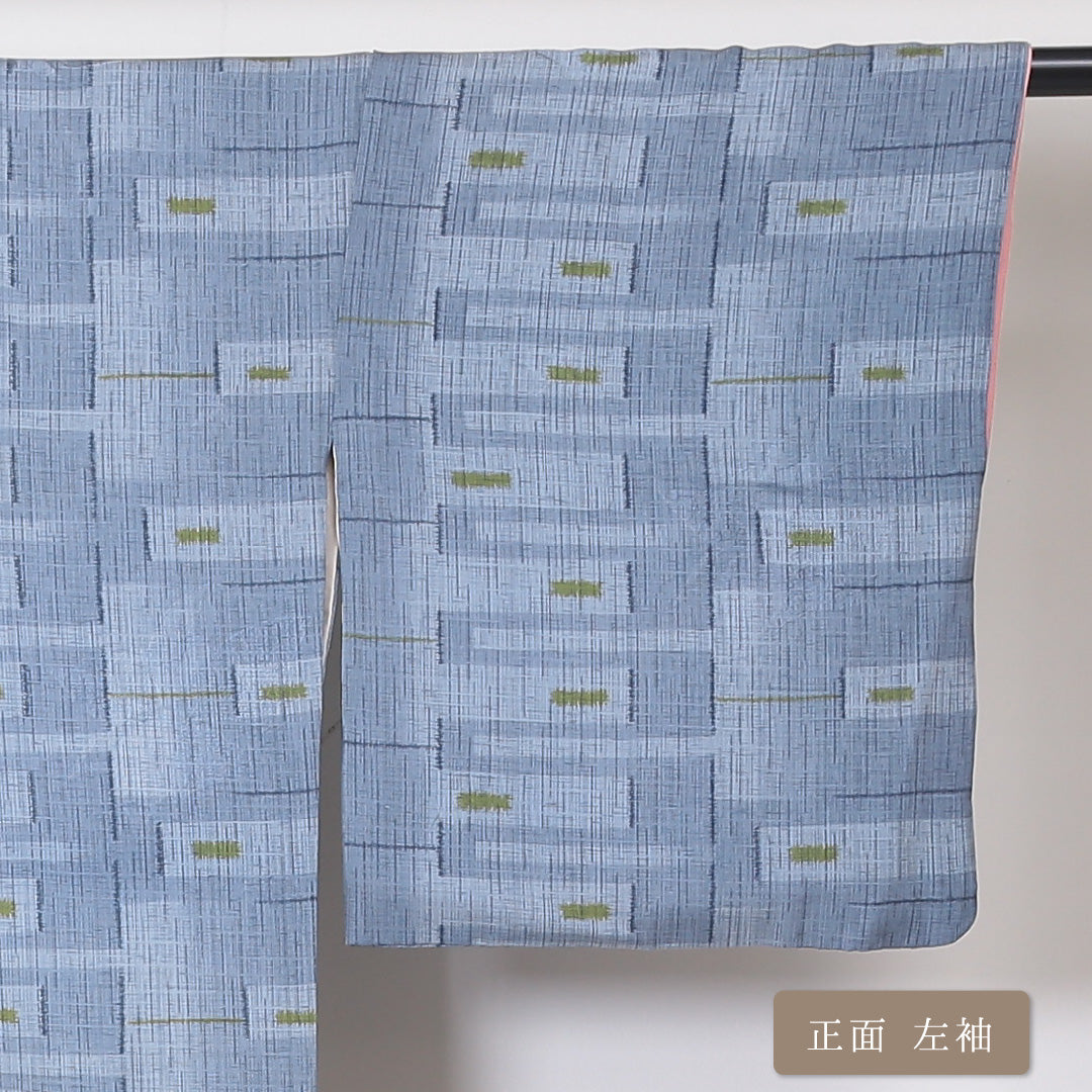 小紋 袷 身丈156cm 裄丈66cm 正絹 Aランク インフォーマル 広衿 Mサイズ 幾何学柄 水色系 RP 1221-01847