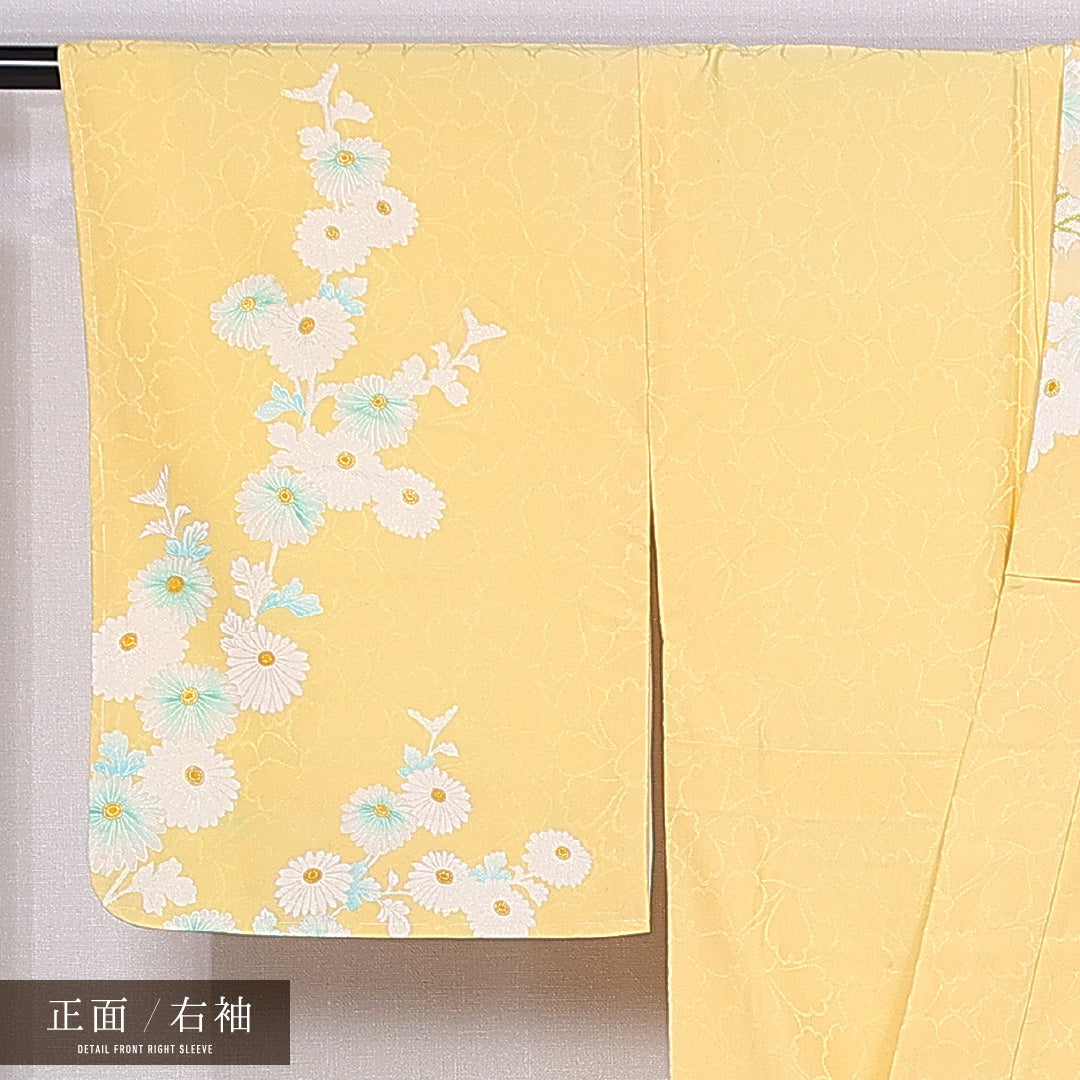 訪問着 袷 身丈155cm 裄丈64cm 正絹 Sランク 紋意匠 (花柄) セミフォーマル バチ衿 Mサイズ 金箔 菊 笠松 黄系 RP 1217-11214