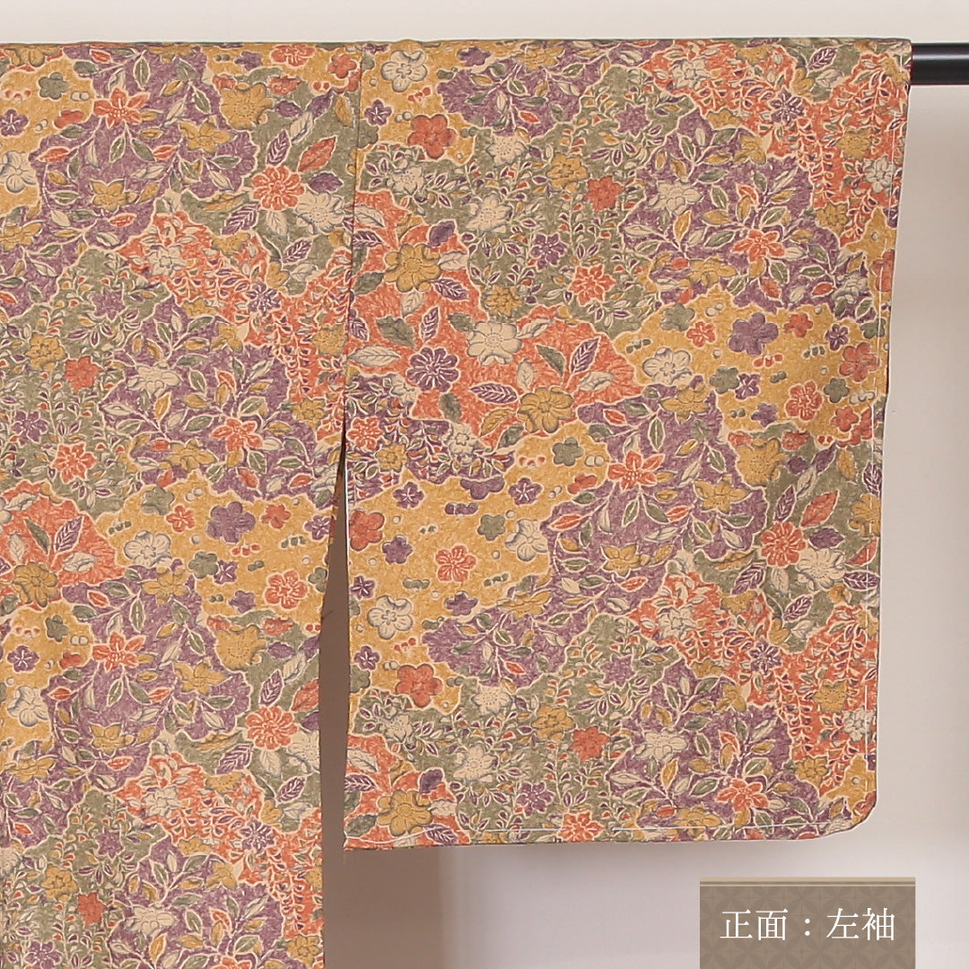 洗える着物 小紋 袷 身丈159cm 裄丈65cm ポリエステル Sランク インフォーマル 広衿 Mサイズ しつけ糸 花柄 植物柄 茶系 RP 1221-02141