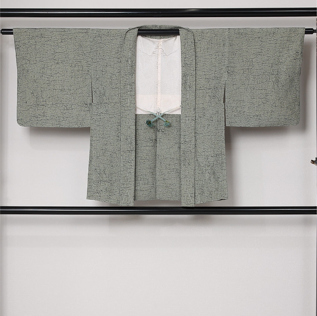 羽織 袷 身丈74cm 裄丈63cm 正絹 Sランク カジュアル Sサイズ 紐あり 創作柄 緑系 RP 1232-12717