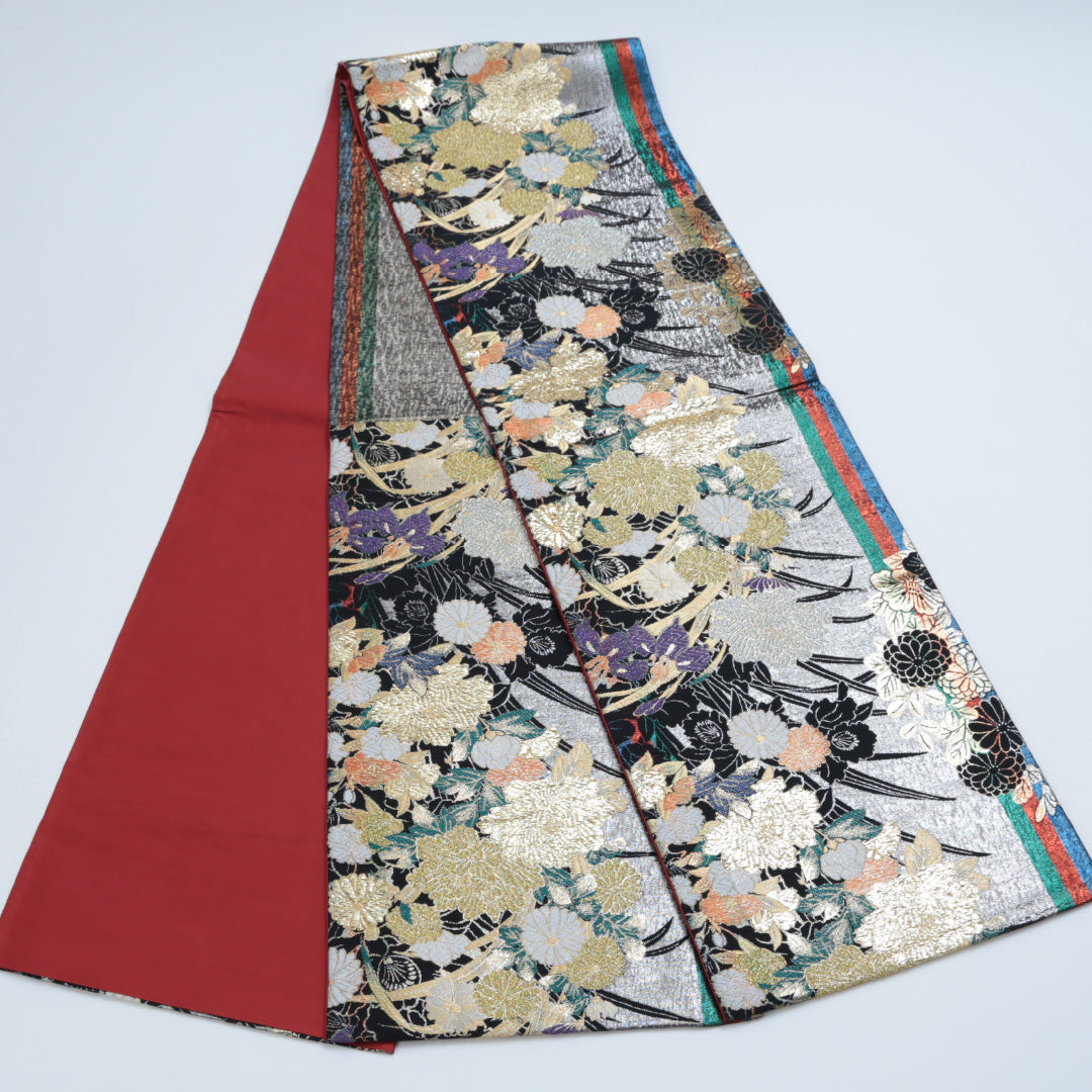 袋帯 帯丈432cm 六通 唐織 牡丹 菊 吉祥文様 振袖帯 フォーマル 黒系 正絹 Sランク 1223-00335