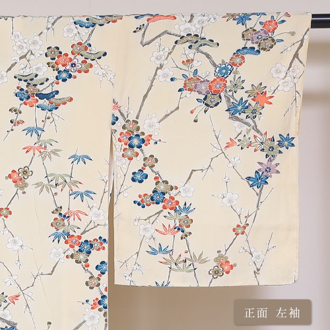 小紋 袷 身丈153cm 裄64cm クリーム系 梅 笠松 笹 紅葉 型染め 正絹 Aランク 1215-01771-3215