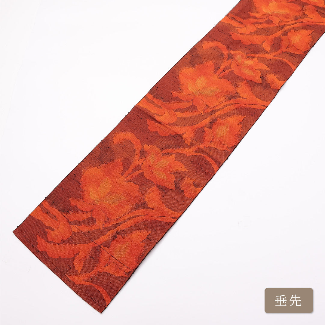 八寸名古屋帯 Sランク 帯丈342cm 正絹 六通 松葉仕立て 織り カジュアル 紬 花柄 朱系 LP 1245-01051