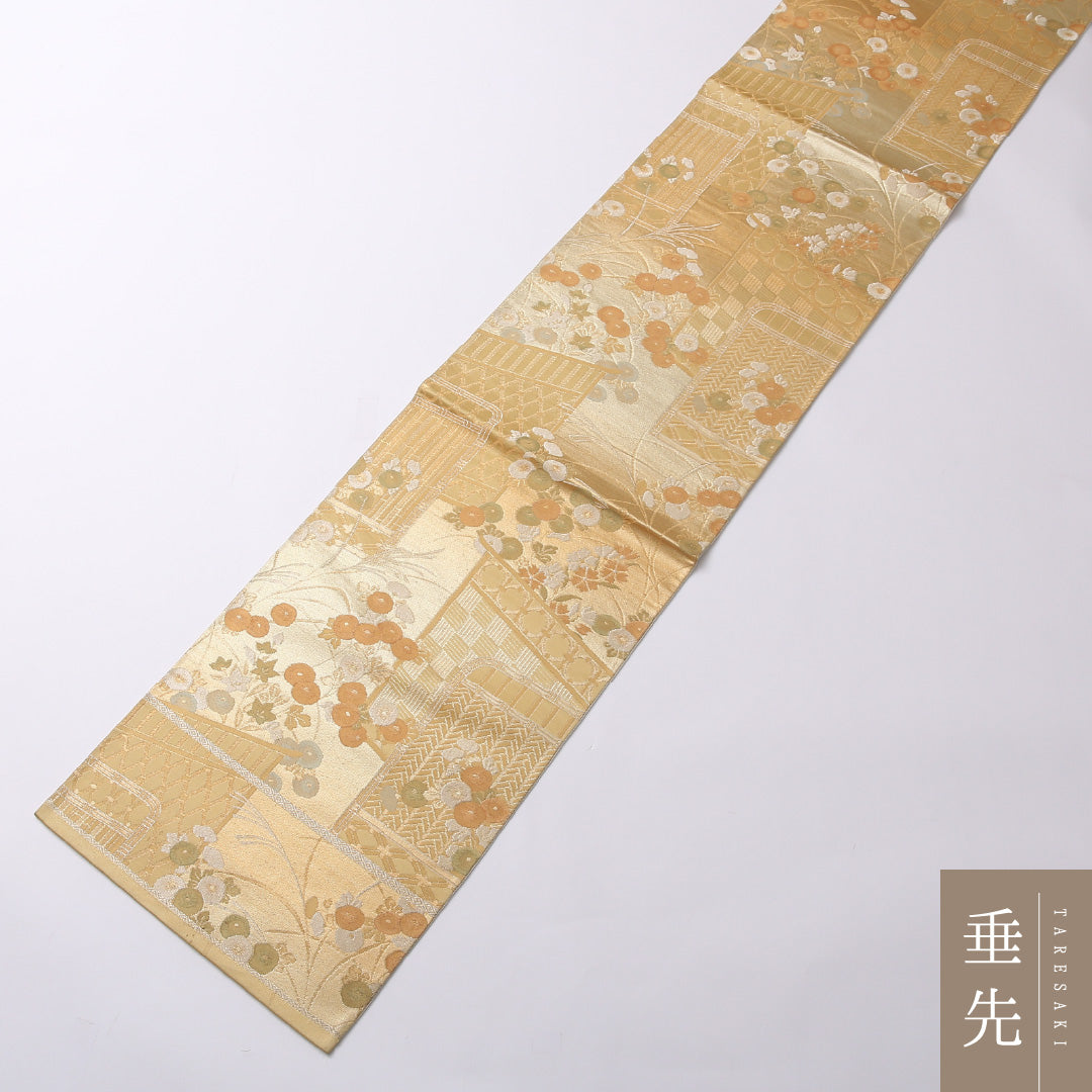 袋帯 帯丈420cm 正絹 六通 フォーマル 琳派 几帳 椿 金系 朱系 1243-01581