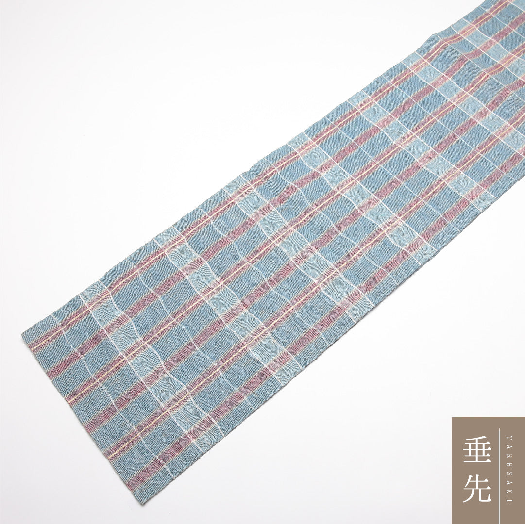 夏物 名古屋帯 帯丈358cm Cランク 松葉仕立て 全通 正絹 紗 格子 カジュアル 水色系 1224-01884