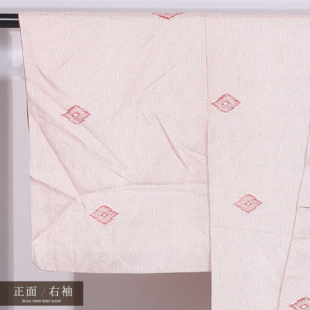 小紋 袷 身丈153cm 裄丈60cm 正絹 Sランク インフォーマル 広衿 Sサイズ 亀甲 ピンク系 RP 1221-11855