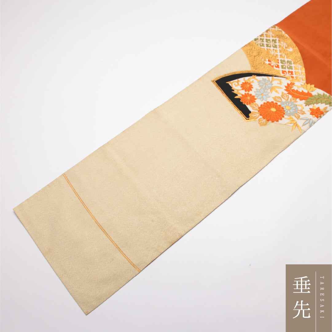 八寸名古屋帯 Cランク 帯丈328cm 正絹 ポイント柄 松葉仕立て 織り セミフォーマル 綴れ織 花扇 朱系 GP 1245-01776