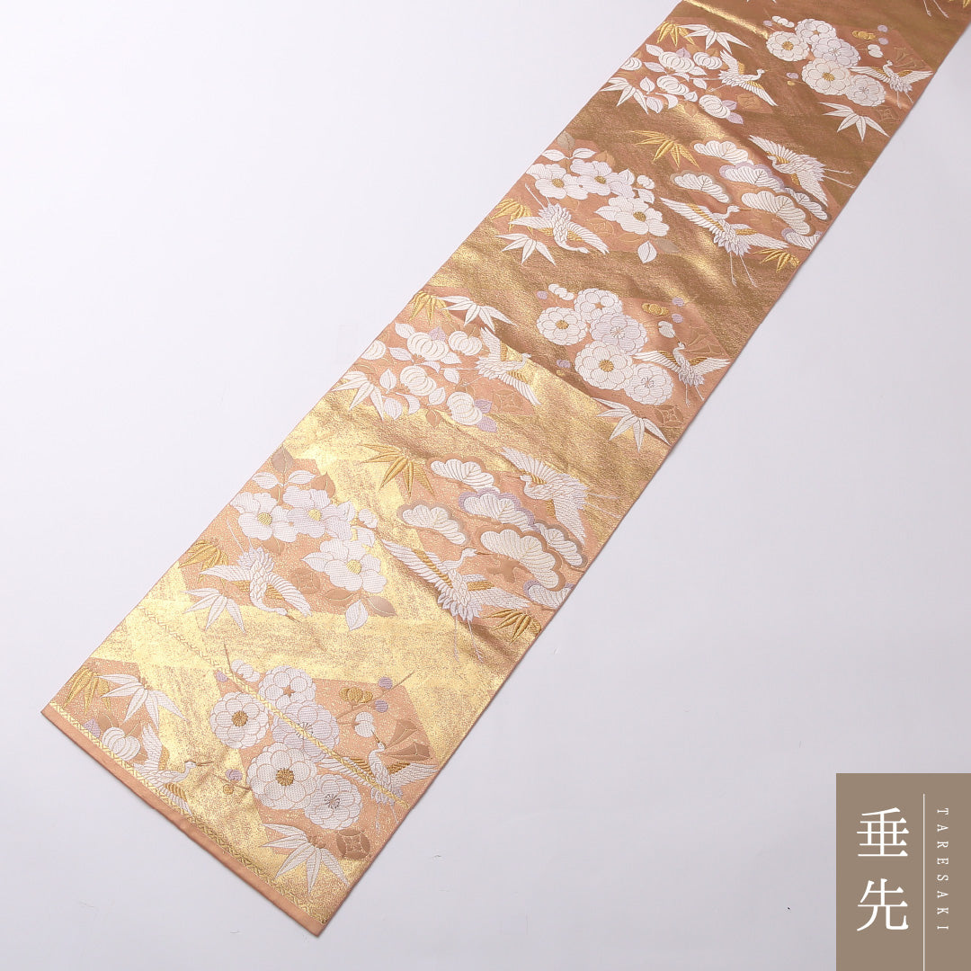 袋帯 帯丈444cm 正絹 六通 フォーマル 松鶴 四季草花 ピンク系 金系 1243-01605