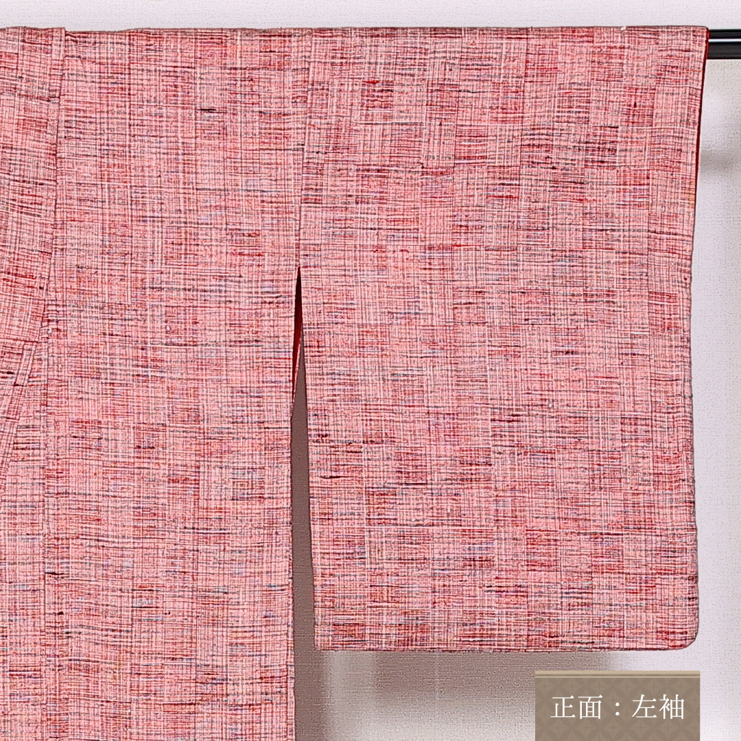 真綿紬 袷 身丈160cm 裄丈53cm 正絹 Sランク カジュアル 広衿 Lサイズ 市松 赤系 RP 1223-10126