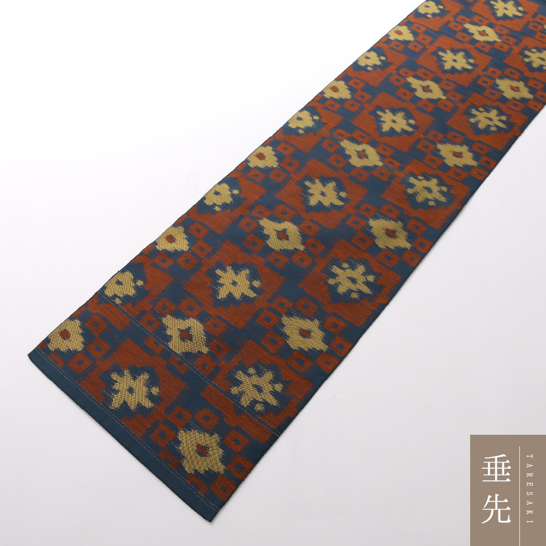 袋帯(紬) 帯丈438cm 正絹 六通 カジュアル 創作柄 朱系 紺系 1243-01674