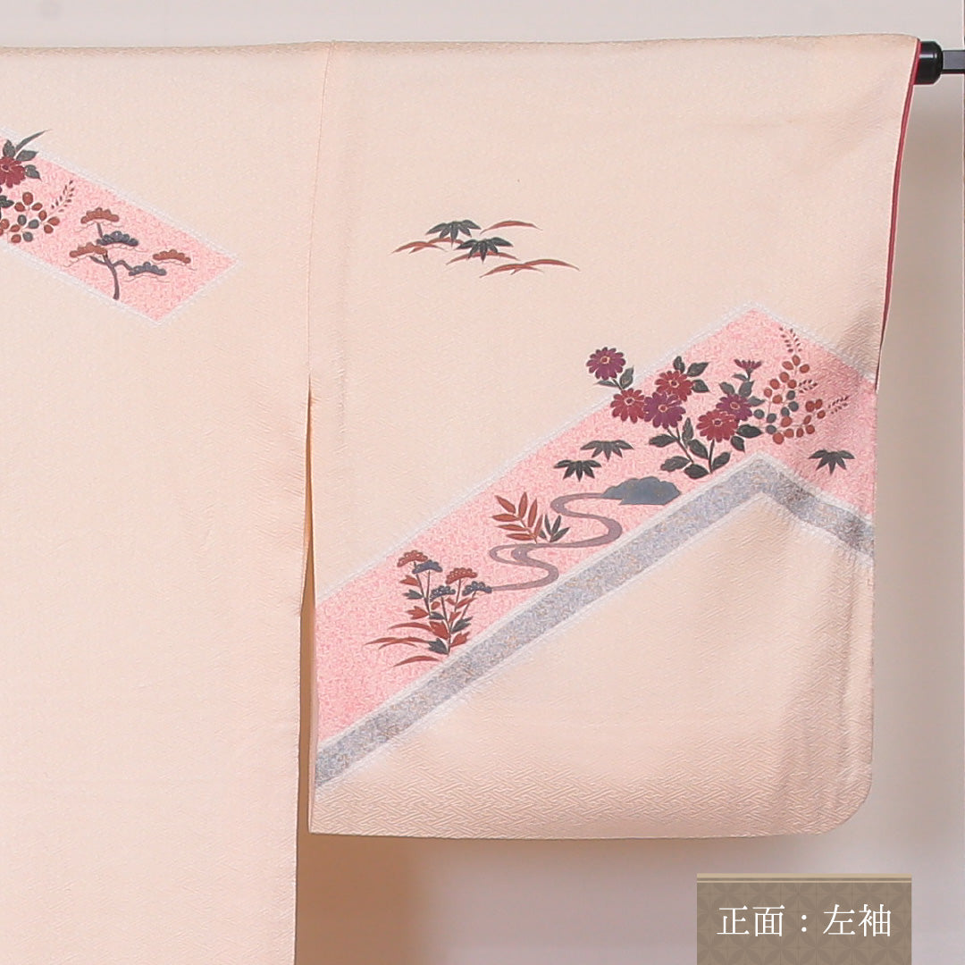 訪問着 袷 身丈166cm 裄丈70cm 正絹 Aランク 一つ紋 (五三桐) 紋意匠 (紗綾型) セミフォーマル 広衿 XLサイズ 金彩 菊 クリーム系 RP 1217-04527