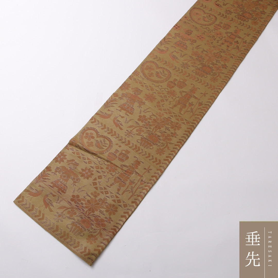 袋帯 帯丈420cm 正絹 六通 インフォーマル 創作柄 茶系 黄系 1243-01607