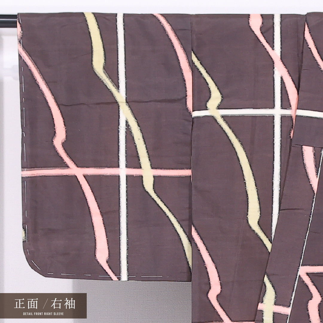 アンティーク 銘仙の着物 袷 身丈158cm 裄丈63cm 正絹 Bランク バチ衿 Mサイズ 創作柄 茶系 RP 1223-11679