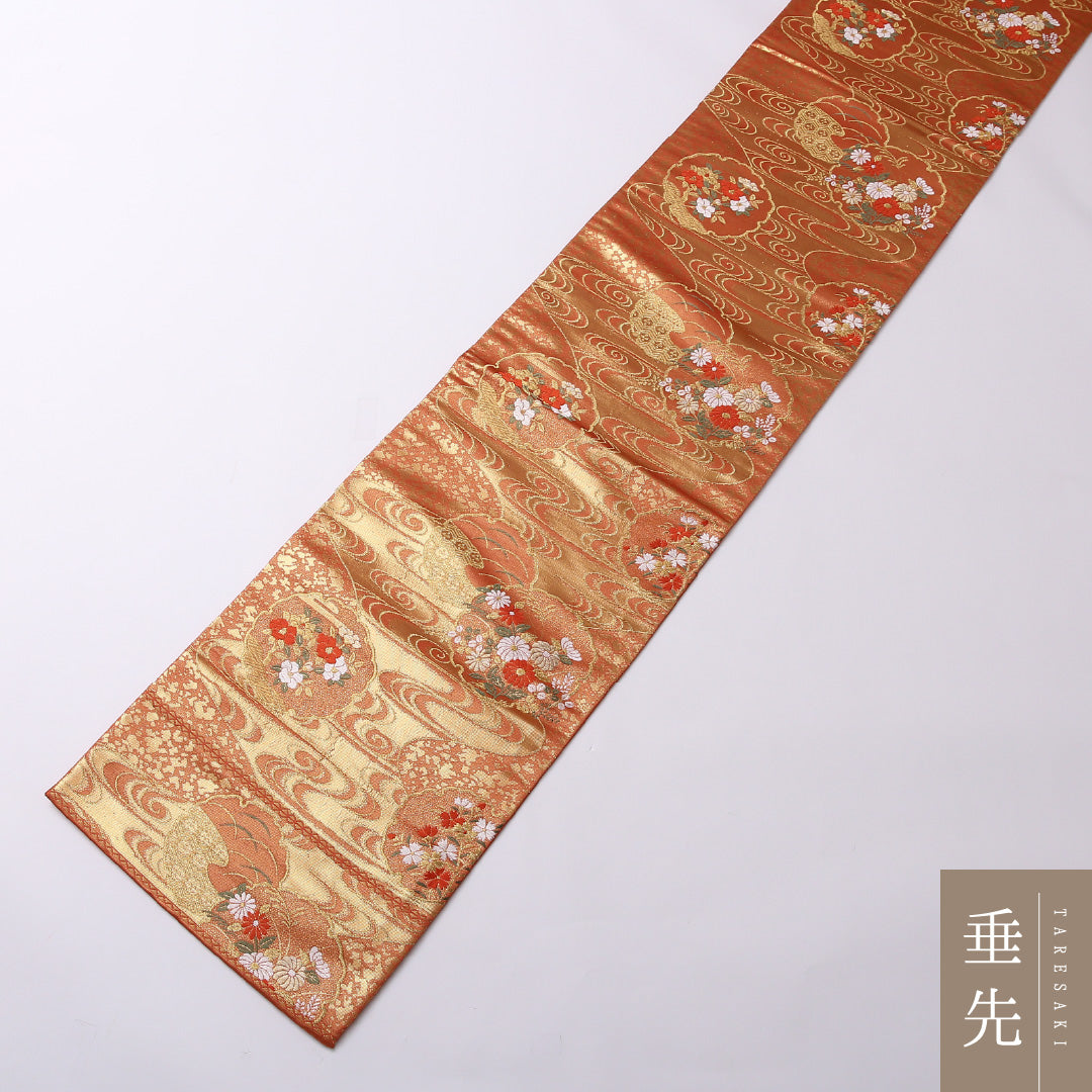 袋帯 帯丈450cm 六通 フォーマル Sランク 正絹 観世水 雪輪 古典的 華やか 朱系 1223-01582