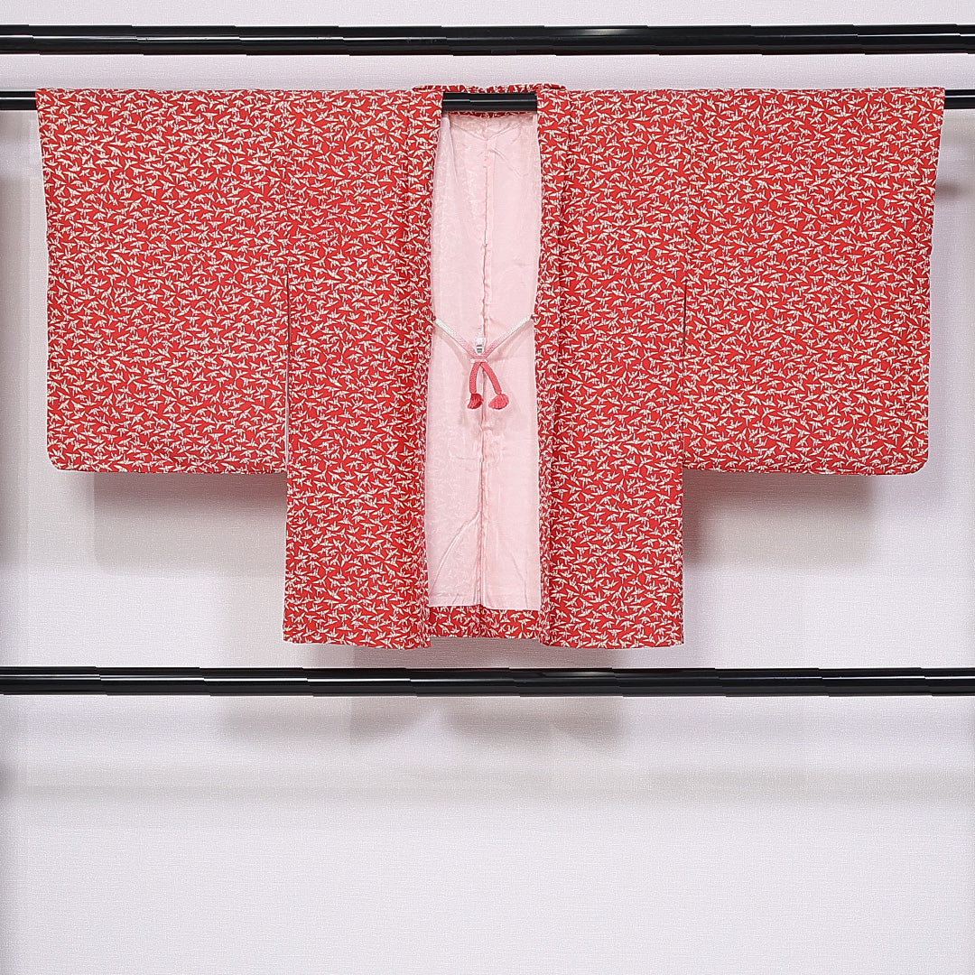 羽織 袷 身丈74cm 裄丈63cm 正絹 Aランク カジュアル Sサイズ 紐あり 折り鶴 朱系 RP 1232-11079