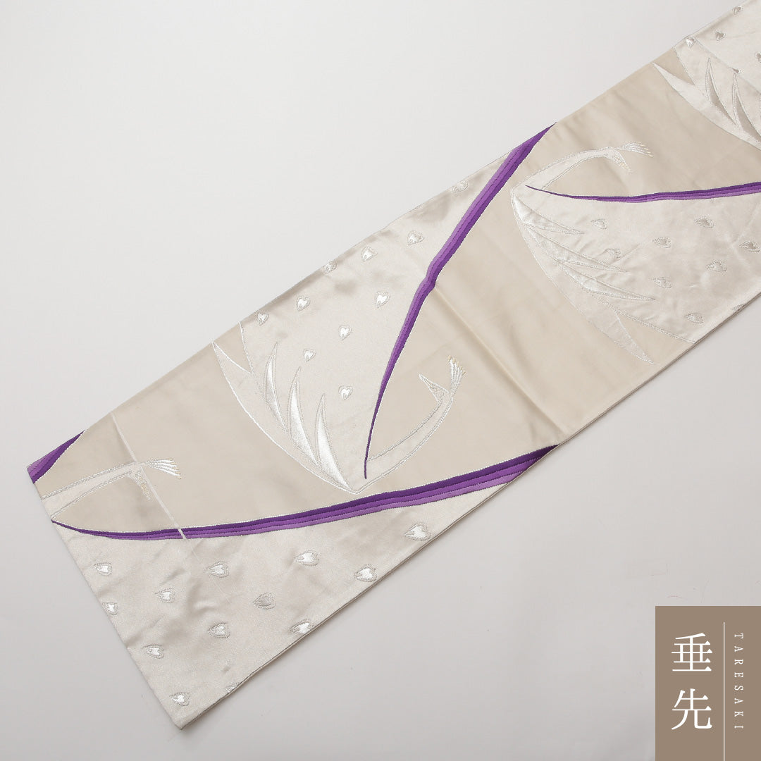 袋帯 六通 帯丈436cm 振袖帯 Sランク 正絹 孔雀 銀系 1223-01478