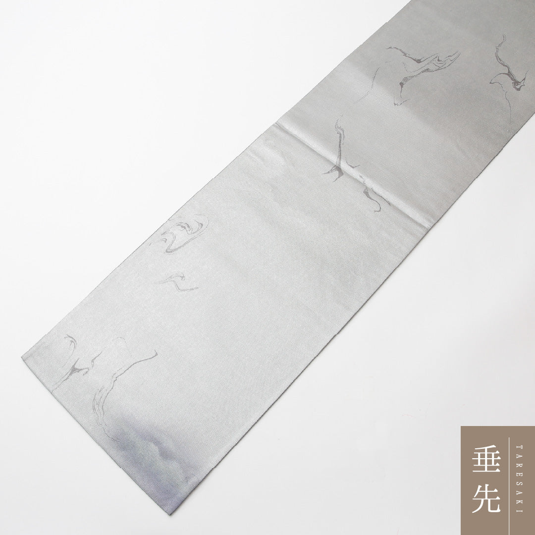 袋帯 帯丈444cm セミフォーマル 六通 Sランク 正絹 螺鈿織 遠山 金彩 グレー系 銀系 1223-00152