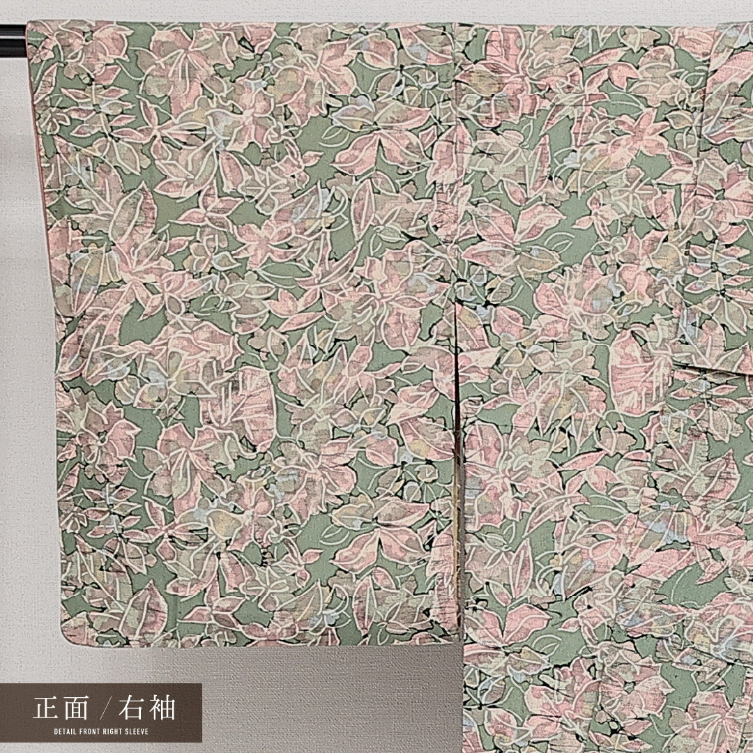 アンティーク 小紋 袷 お召 身丈152cm 裄丈64cm Aランク 正絹 広衿 Sサイズ 花柄 植物柄 可憐 華やか 緑系 ピンク系 1215-14466