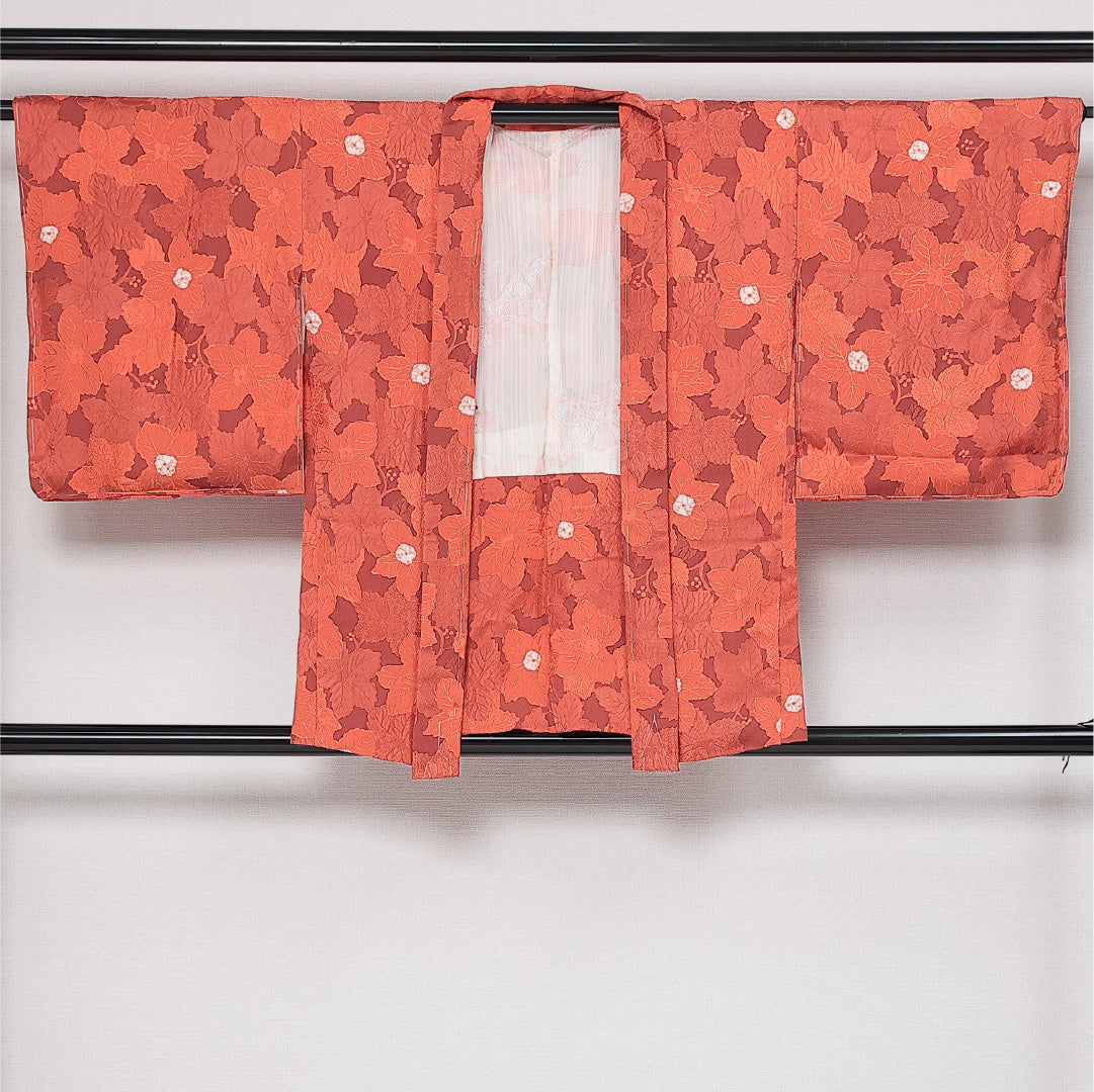 未使用品 洗える着物 羽織 袷 身丈80cm 裄丈66cm ポリエステル Nランク 紋意匠 (牡丹) カジュアル Mサイズ しつけ糸 朱系 RP 1232-13768