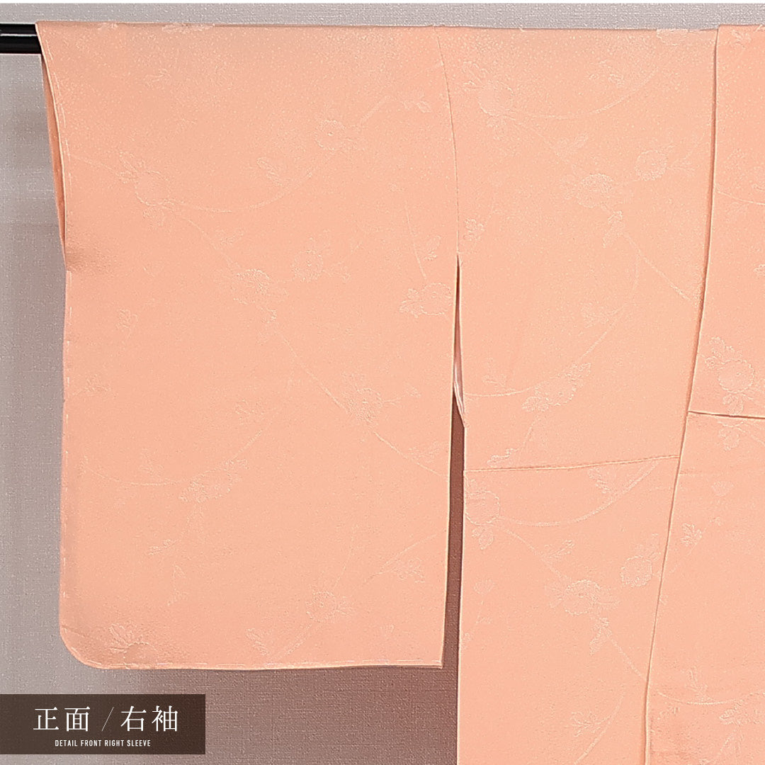 色無地 袷 身丈164cm 裄丈63cm 正絹 Sランク 一つ紋 (中印蔦) セミフォーマル 広衿 Lサイズ ピンク系 RP 1219-14374