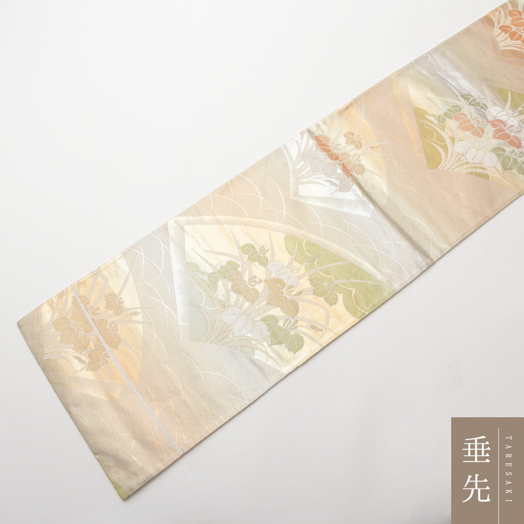 袋帯 六通 帯丈412cm フォーマル Aランク 正絹 扇 菖蒲 クリーム系 1223-01466