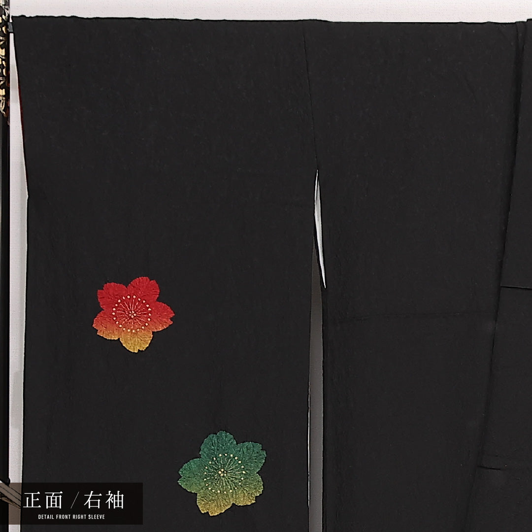 振袖 (長襦袢セット) 身丈168cm 裄丈71cm Sランク 正絹 袷 広衿 XL 絞り 桜 フォーマル レトロ 可愛らしい 黒系 1213-F0569