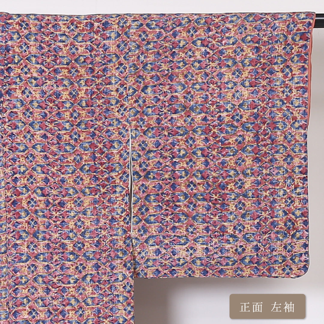 小紋 袷 身丈149cm 裄丈62cm 正絹 Sランク インフォーマル 広衿 XSサイズ 花菱 ピンク系 RP 1221-01943