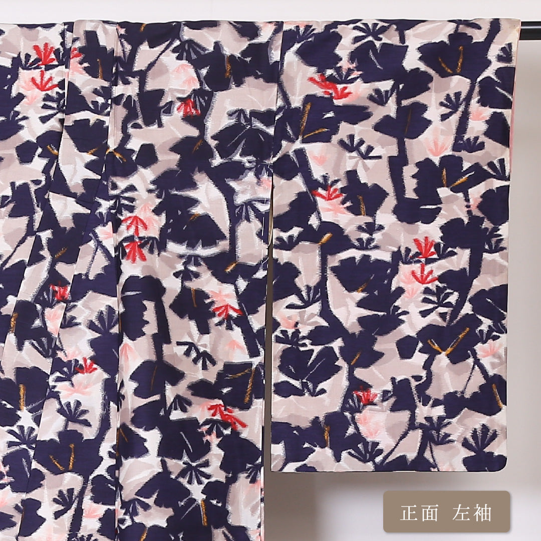 アンティーク 銘仙の着物 袷 身丈150cm 裄丈63cm 正絹 Bランク バチ衿 Sサイズ 花柄 植物柄 ピンク系 PO 1223-03313