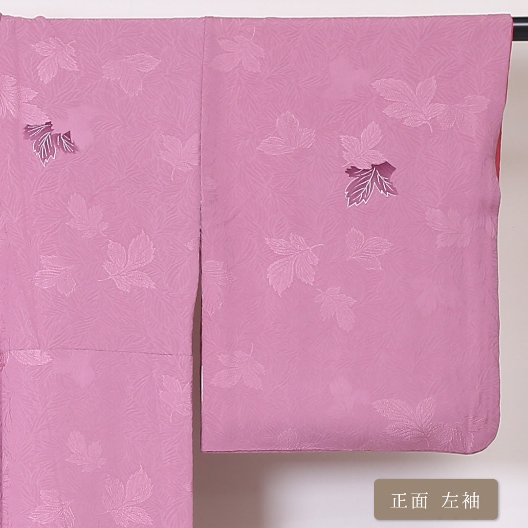小紋 袷 身丈149cm 裄62cm ピンク系 葉模様 付下げ 正絹 Aランク 1215-01955-3113