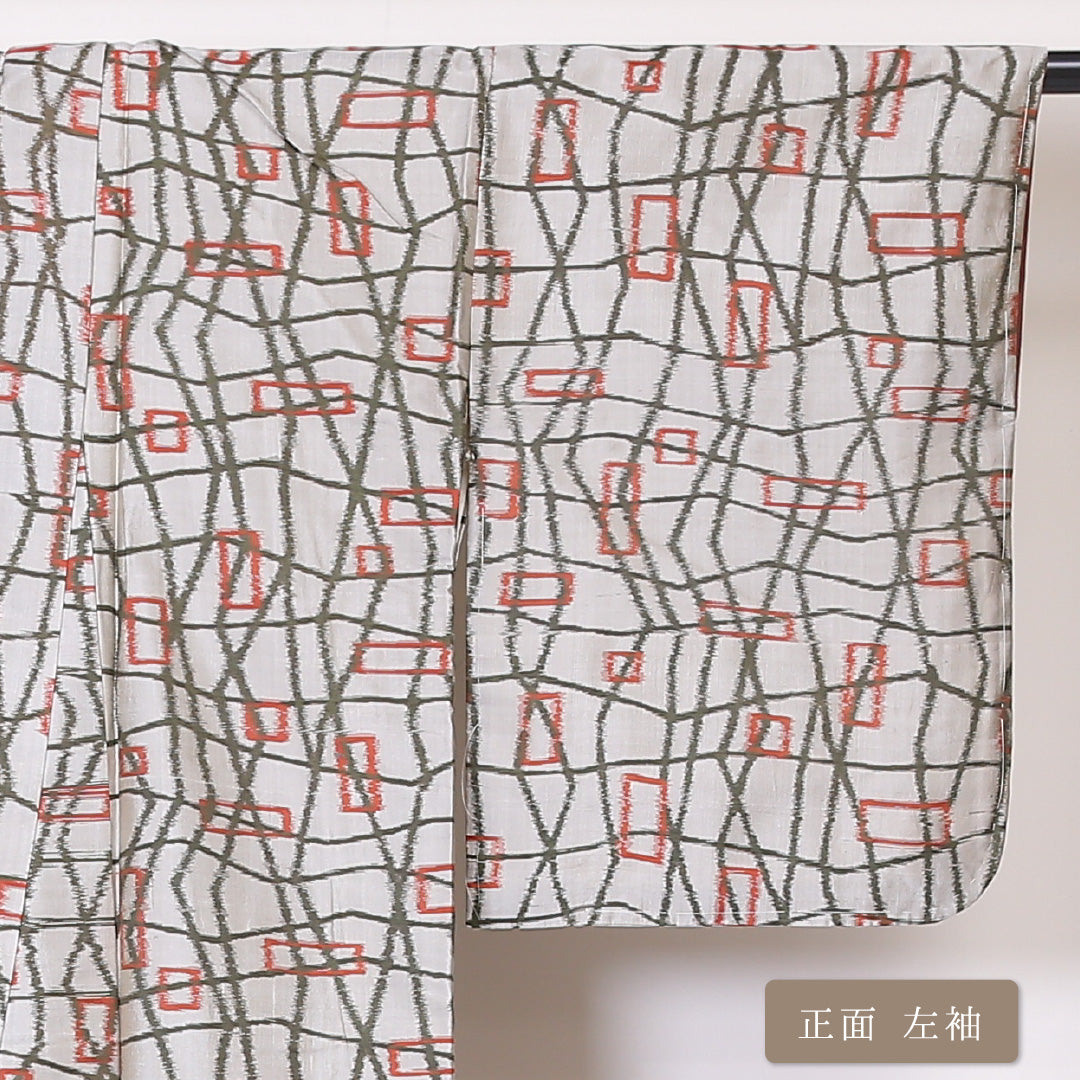 アンティーク 紬 袷 身丈160cm 裄丈64cm 正絹 Aランク バチ衿 Lサイズ 幾何学柄 可憐 しとやか グレー系 PO 1223-03315