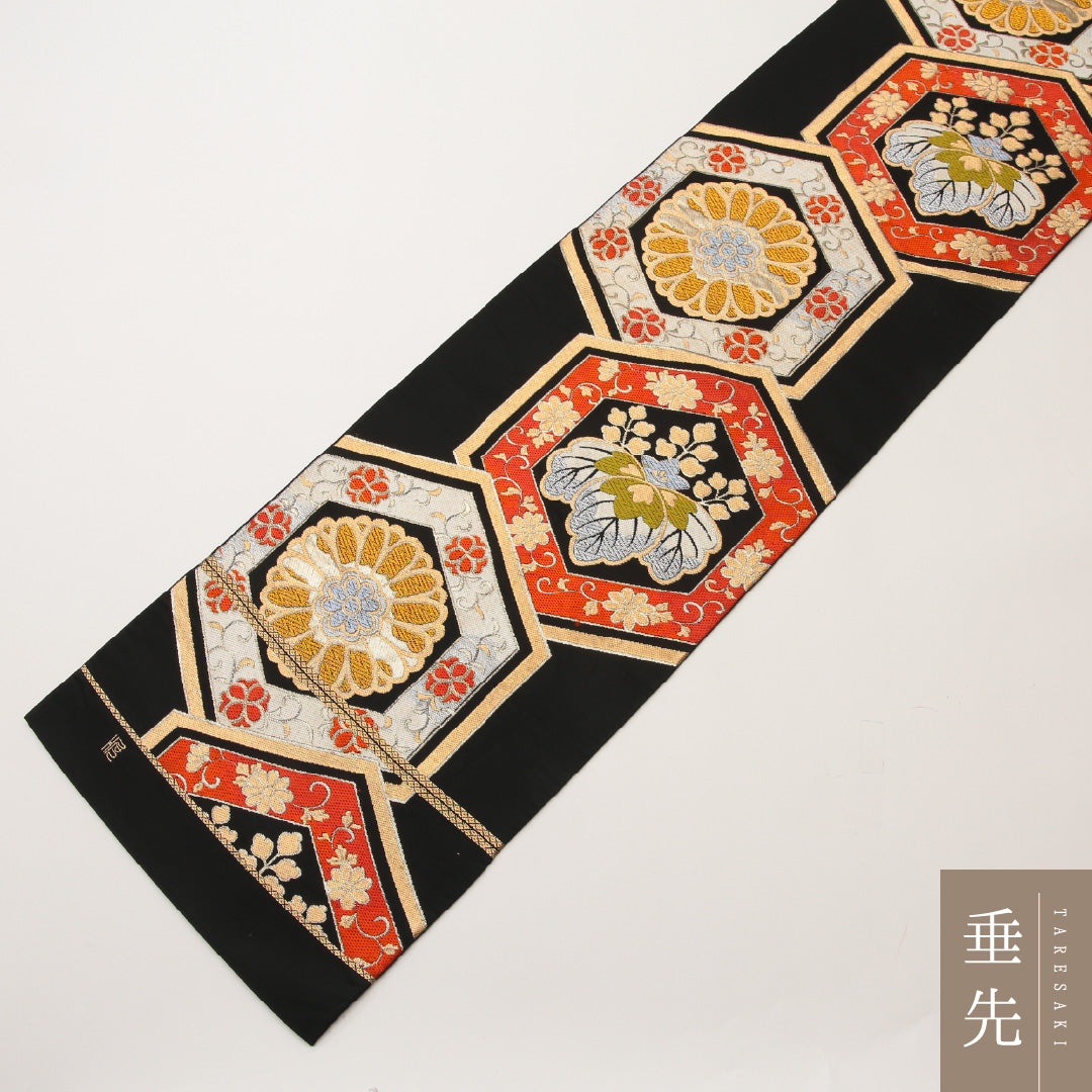 袋帯 六通 未仕立て 帯丈424cm フォーマル Cランク 正絹 唐織 吉祥文様 亀甲 菊 桐 落款 黒系 1223-01462