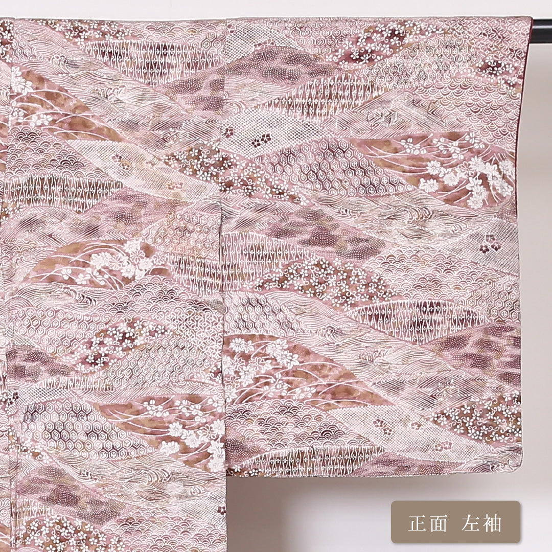 小紋 袷 身丈156cm 裄丈62cm 正絹 Aランク インフォーマル 広衿 Mサイズ ぼかし染 吉祥文様 ピンク系 RP 1221-01940