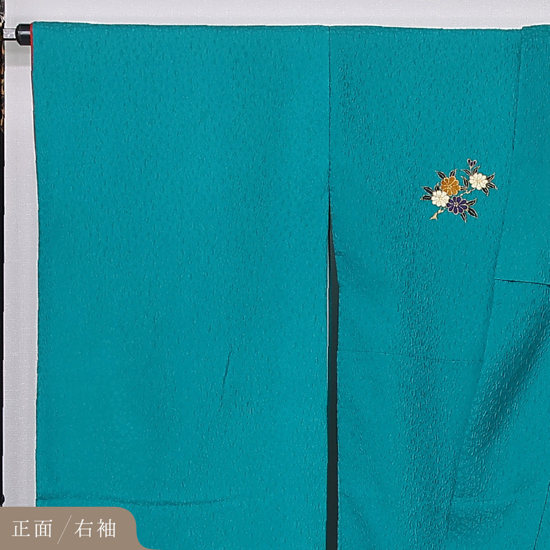 振袖 身丈166cm 裄丈68cm Aランク 正絹 袷 広衿 XL ふくれ織り 花柄 フォーマル シック 淡い 緑系 1213-F0487