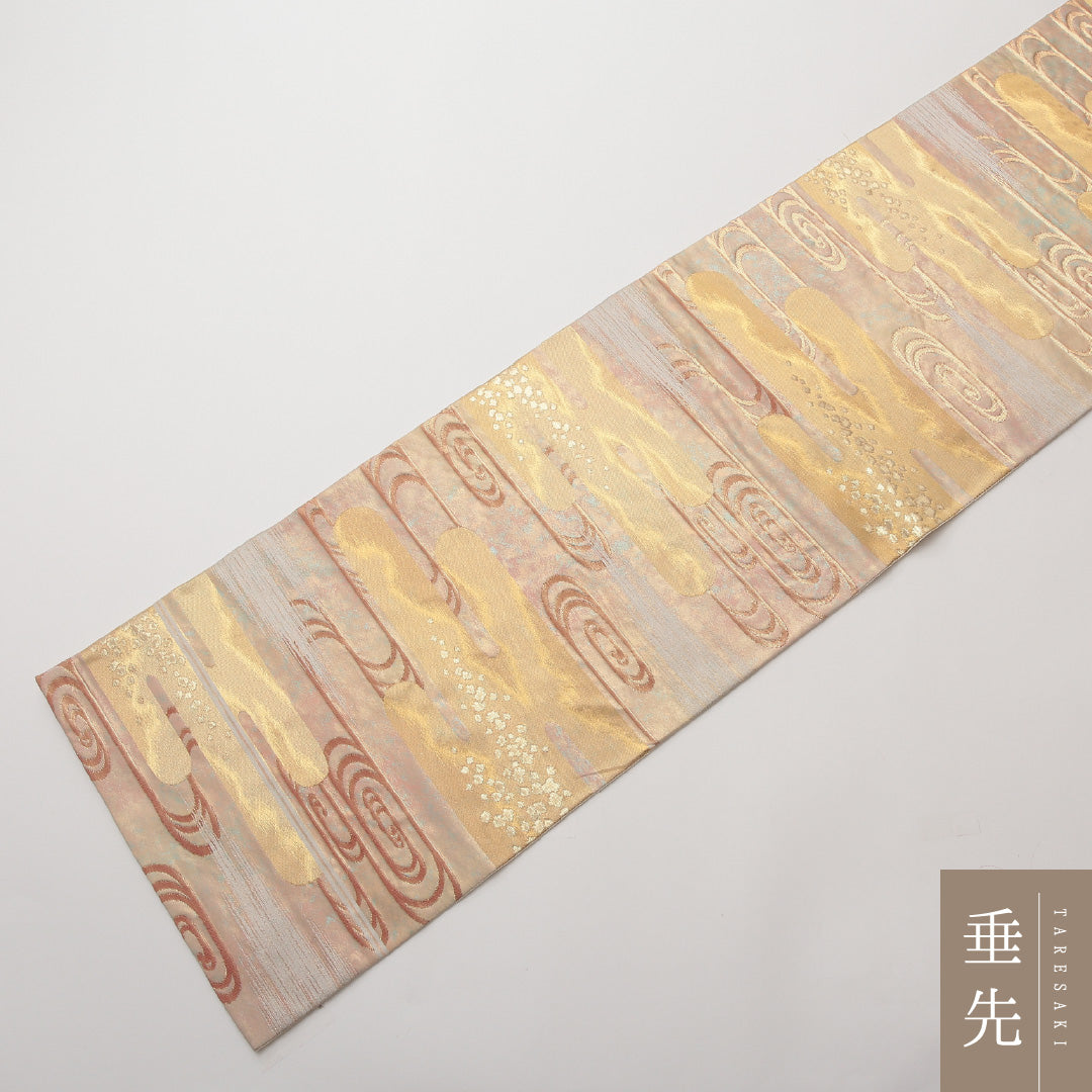 袋帯 帯丈436cm 正絹 六通 セミフォーマル 観世水 エ霞 砂子 金系 1243-01477