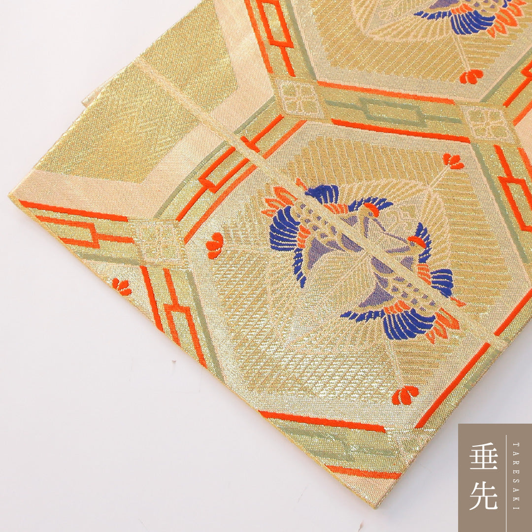 袋帯 帯丈442cm フォーマル 六通 Aランク 正絹 向かい鳥 鶴 金系 1223-02299