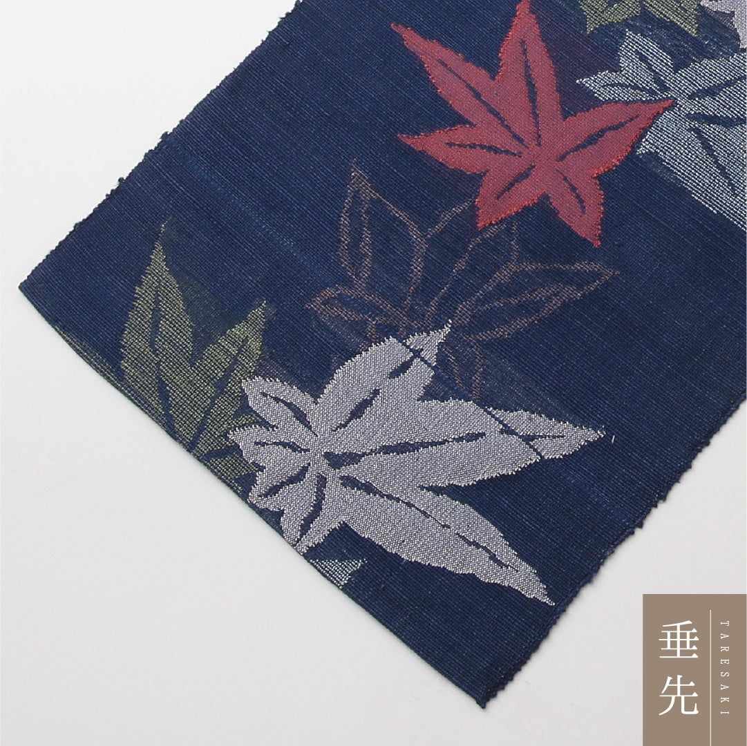 未使用品 八寸名古屋帯 (夏帯) Nランク 帯丈356cm 正絹 六通 名古屋仕立て 織り カジュアル 紬 紅葉 楓 青系 LP 1245-02164