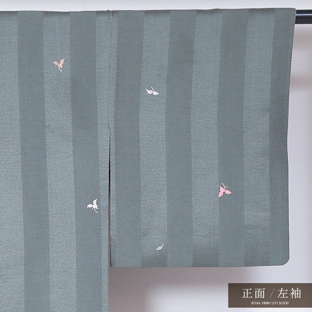 小紋 袷 身丈160cm 裄丈62cm 正絹 Sランク インフォーマル 広衿 Lサイズ 刺繍 縞 花柄 緑系 PO 1221-01813