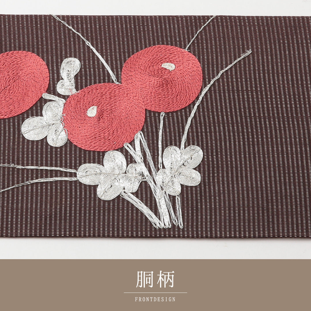 夏物 名古屋帯 ポイント柄 帯丈363cm セミフォーマル Aランク 正絹 絽 金駒刺繍 琳派 橘 茶系 1224-02173