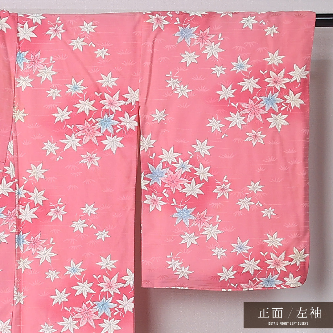 小紋 袷 身丈149cm 裄丈65cm 正絹 Cランク インフォーマル 広衿 XSサイズ ぼかし染 植物柄 ピンク系 HP 1221-12383