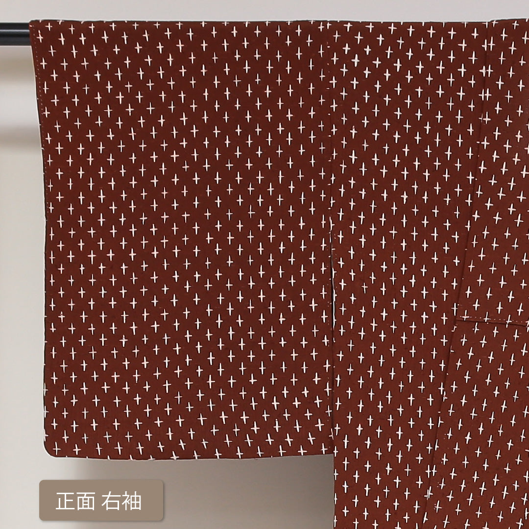 小紋 袷 身丈157cm 裄丈65cm 正絹 Sランク インフォーマル 広衿 Mサイズ ひげ紬 十字絣 茶系 RP 1221-01736