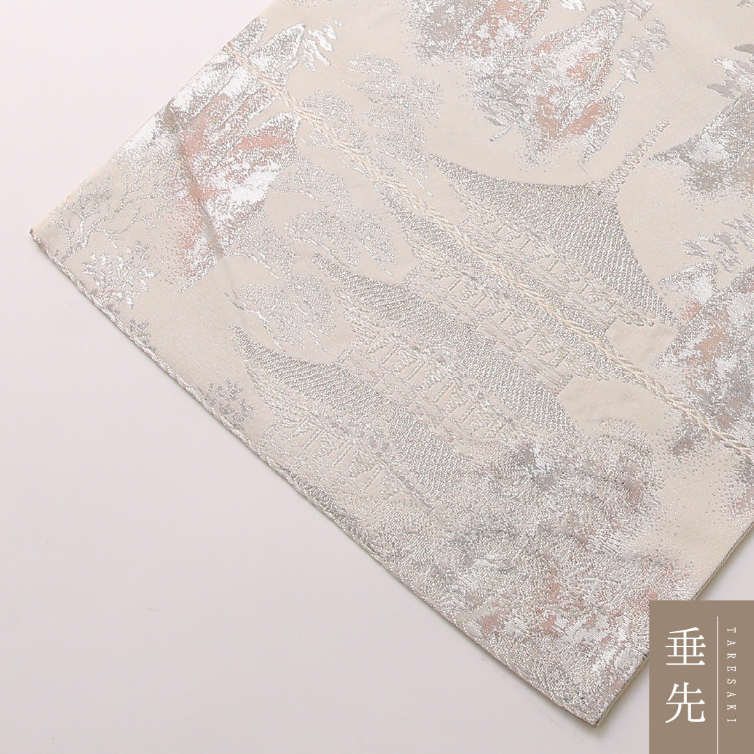 袋帯 帯丈430cm 正絹 六通 セミフォーマル 彩京錦 京洛百景 白系 銀系 1243-01661