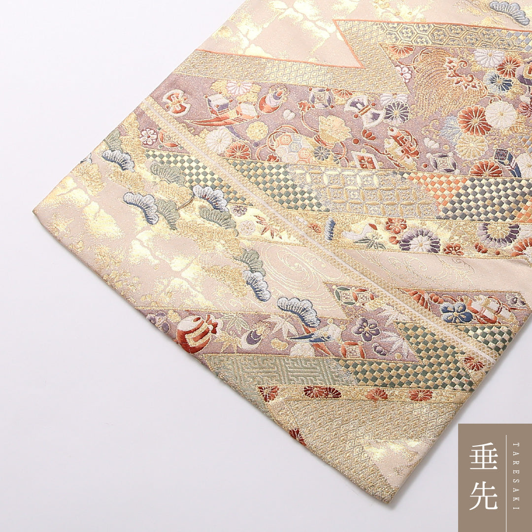 袋帯 帯丈420cm 正絹 六通 松皮取華宝紋 フォーマル 九百錦 松皮菱 裂取り 金系 1243-01687