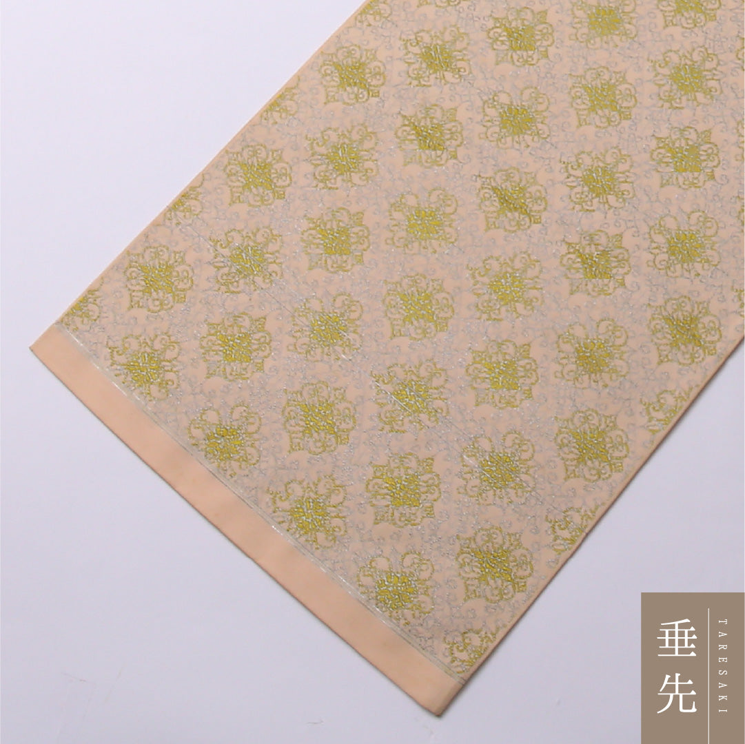 八寸名古屋帯 Cランク 帯丈368cm 正絹 全通 開き仕立て 帯端のみ未仕立て 織り セミフォーマル 唐草華文 名物裂 クリーム系 RP 1245-02613