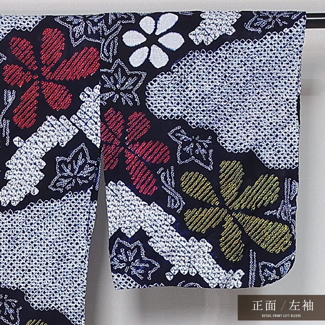 夏物 洗える着物 木綿の有松鳴海絞 (有松鳴海絞) 夏物 身丈148cm 裄丈66cm 木綿 Bランク カジュアル バチ衿 XSサイズ 居敷当て 紅葉 青系 M4 1225-12121