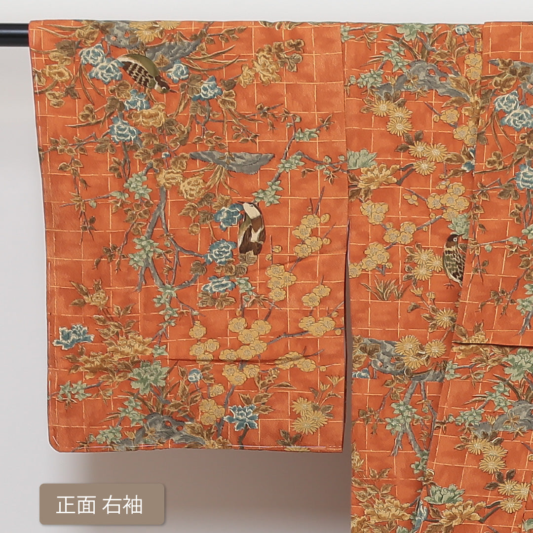 小紋 袷 身丈149cm 裄丈64cm 正絹 Sランク インフォーマル 広衿 XSサイズ しつけ糸 鳥 格子 菊 朱系 RP 1221-01337