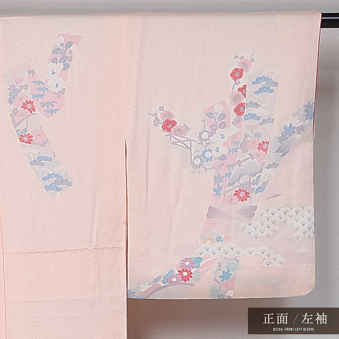 訪問着 袷 身丈152cm 裄丈63cm 正絹 Bランク セミフォーマル 広衿 Sサイズ 青海波 植物柄 光悦垣 ピンク系 RP 1217-12026